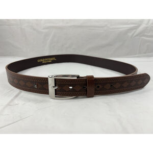 GOLD COAST Embossed Brown Leather Belt Silver Buckle Size 32 Diamond Pattern